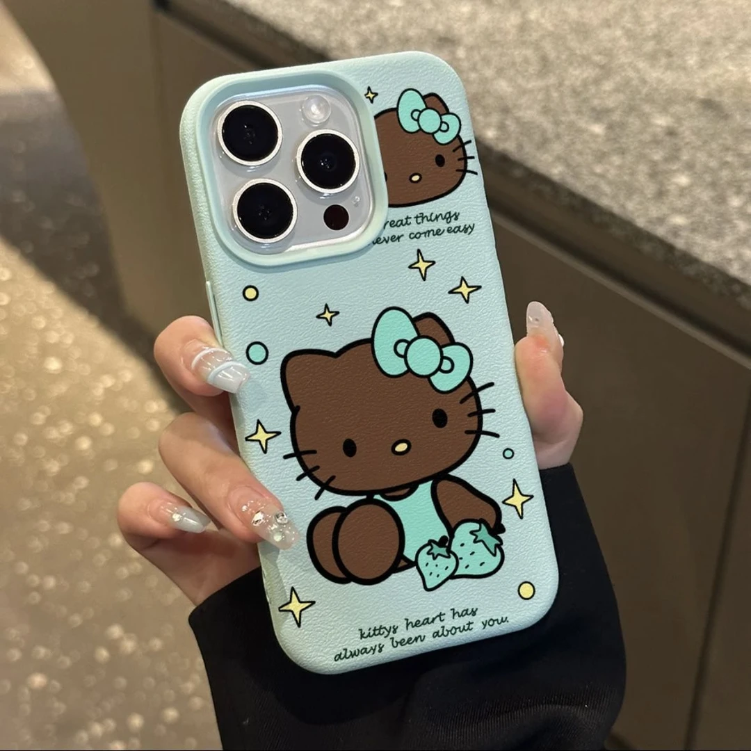 黑皮凯蒂猫iPhone15肤感苹果13手机壳11皮纹14Plus个性12promax潮