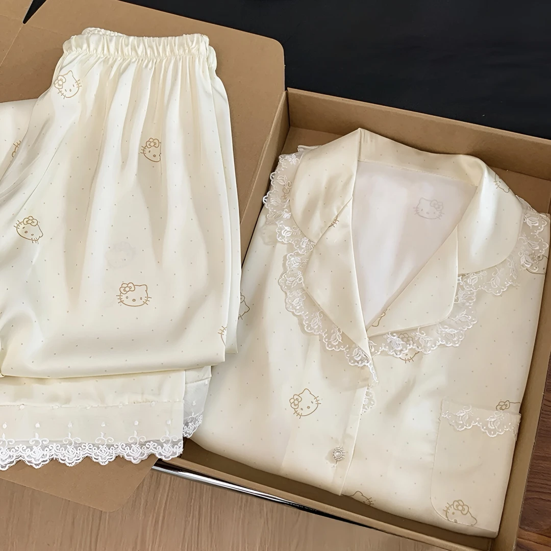 轻奢气质Kitty猫冰丝睡衣女长袖长裤春秋季高级感蕾丝花边家居服