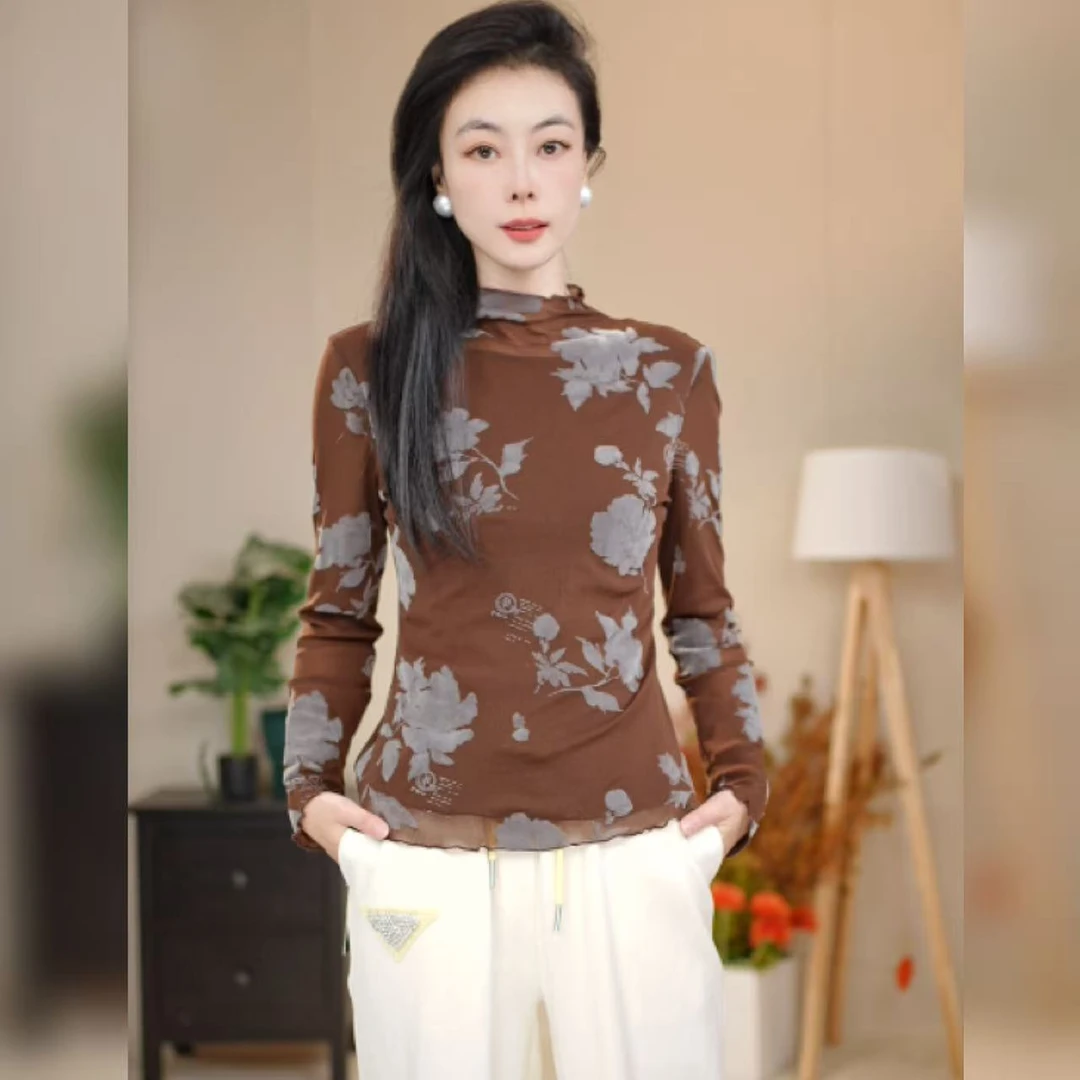 【多米拉】秋意花影印花长袖半高领民族风立领上衣秋冬时尚针织