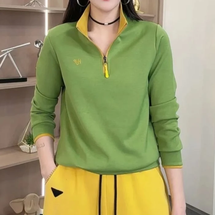 拼接秋季拉链女双面拼接T恤休闲薄款卫衣长袖上衣女士
