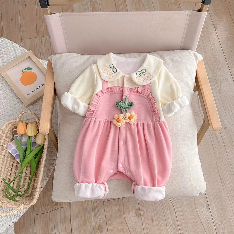 x【优选】婴儿春秋花朵连体衣外出新生儿公主哈衣超萌外出服爬服sy