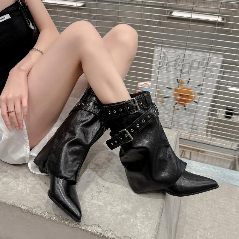 纯手工美式辣妹皮带扣短靴裤管靴女百搭复古尖头粗跟中筒西部靴