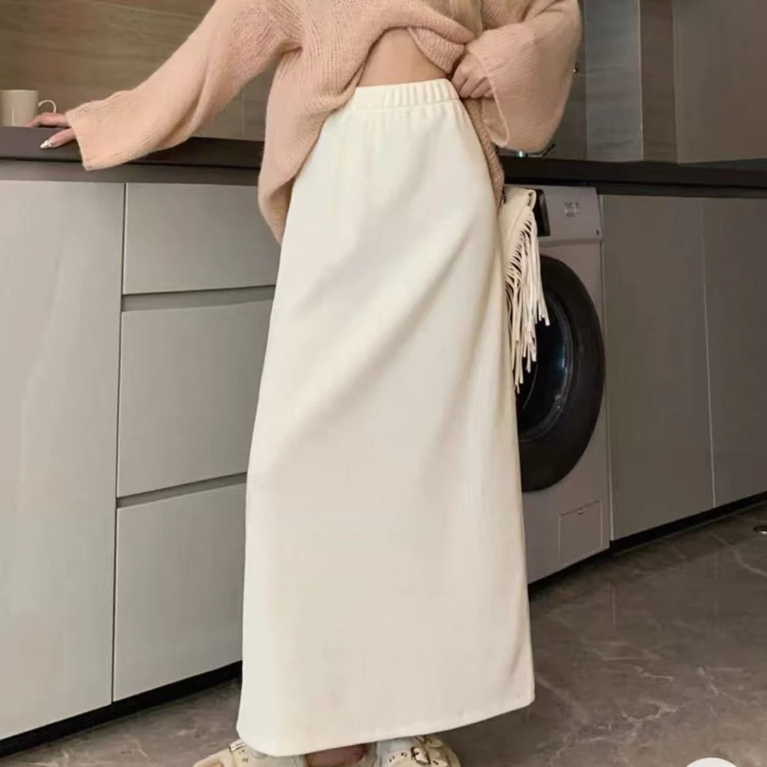 秋冬新款糯米羊绒加绒加厚直筒半身裙百搭后开叉显瘦高腰时尚2601