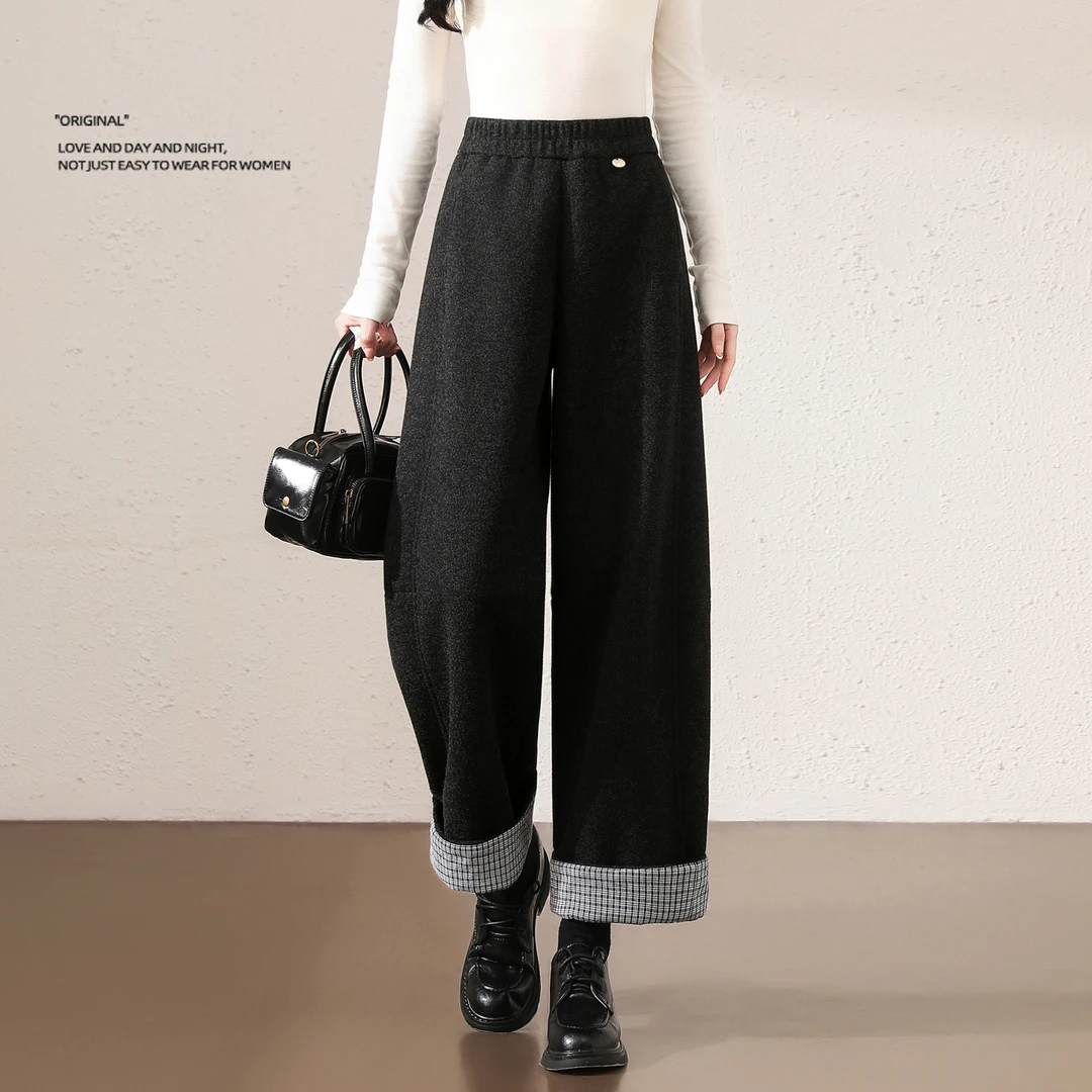 绵羊毛呢阔腿裤女秋冬加厚新款高腰宽松百搭休闲显瘦九分直筒裤子
