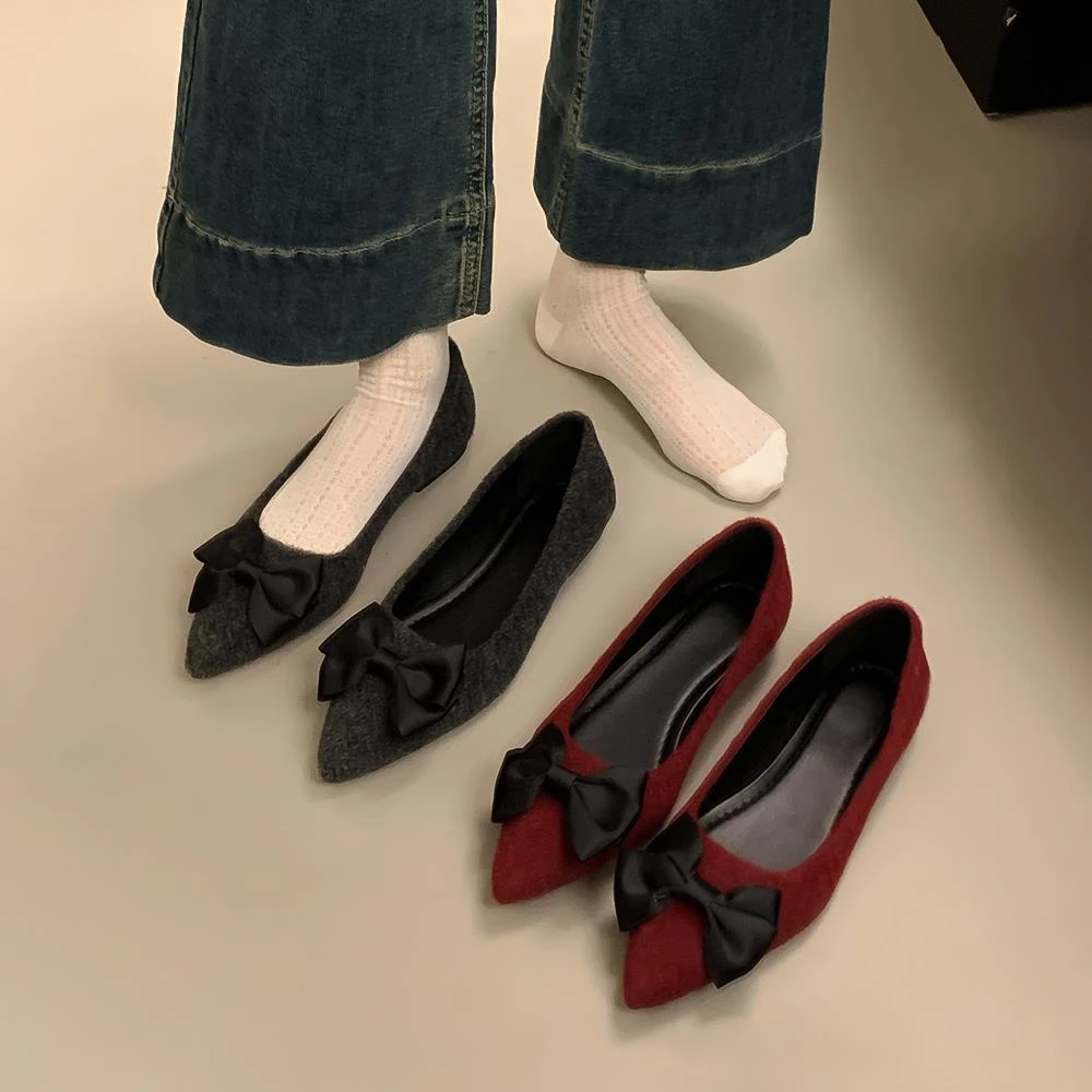 法式灰色小单鞋女2025年春季新款蝴蝶结尖头平底浅口玛丽珍瓢鞋子