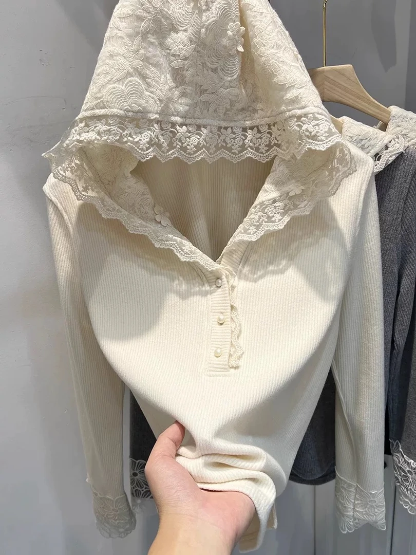 中大童蕾丝拼接连帽长袖坑条女童T恤2025春秋新款甜美打底上衣