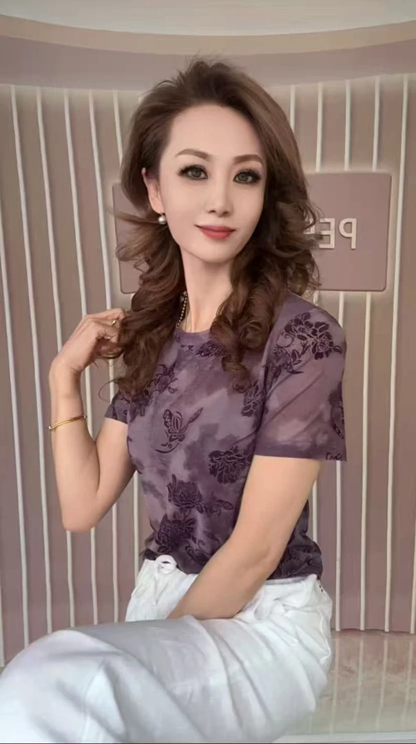 2025新款印花打底衫单层网纱上衣女修身套头外穿内搭T恤潮