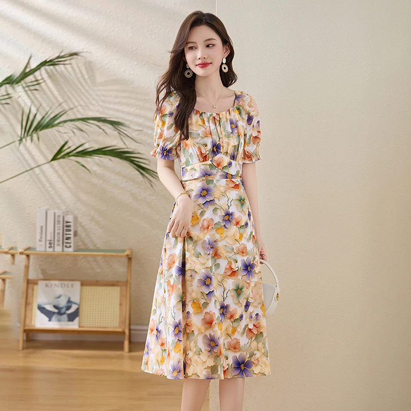 【直播爆款】桑蚕丝度假风碎花裙夏季时尚大圆领连衣裙气质印花裙子