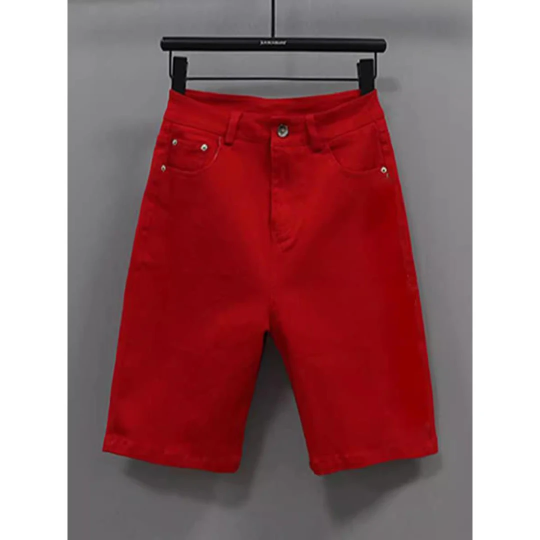 直筒五分裤女新款韩版多巴胺牛仔高腰休闲百搭弹力中裤骑行裤外穿