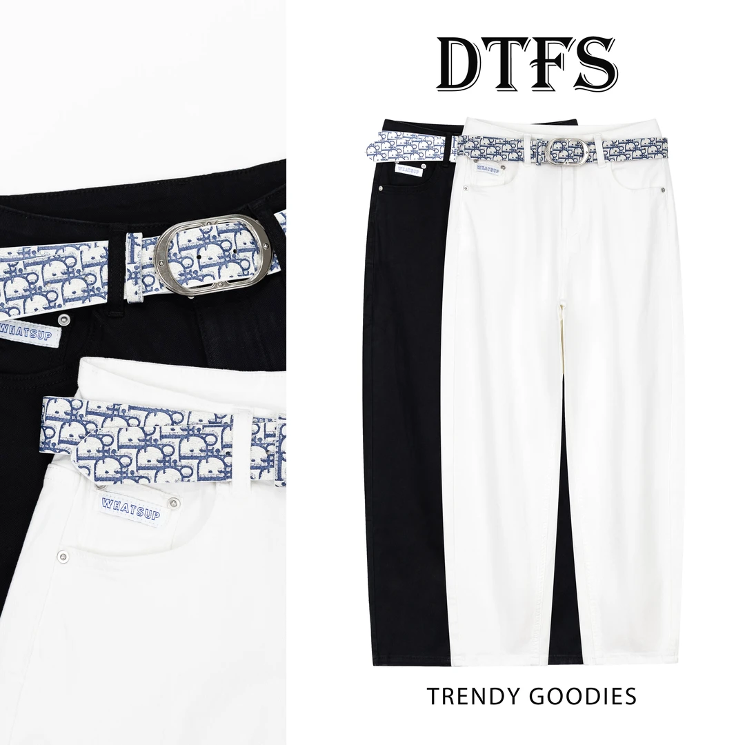 【大婷】韩版带腰带高腰软牛仔常规黑色白色高腰显瘦牛仔裤夏季9701