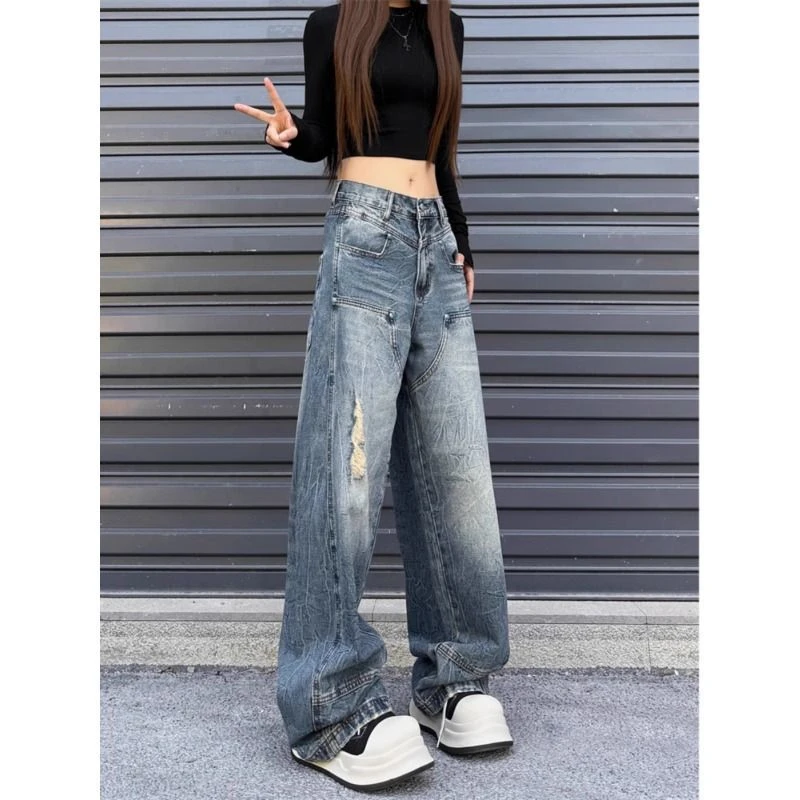 国潮美式褶皱微破洞工装牛仔裤男女伐木裤水洗做旧直筒阔宽松长裤