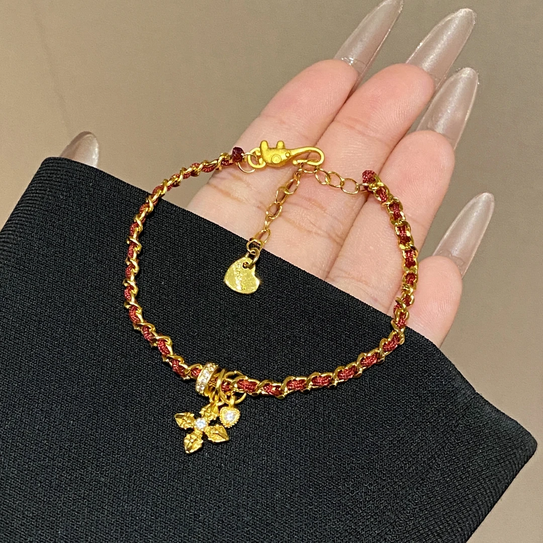 镀K金 尖花编制红绳手链A725