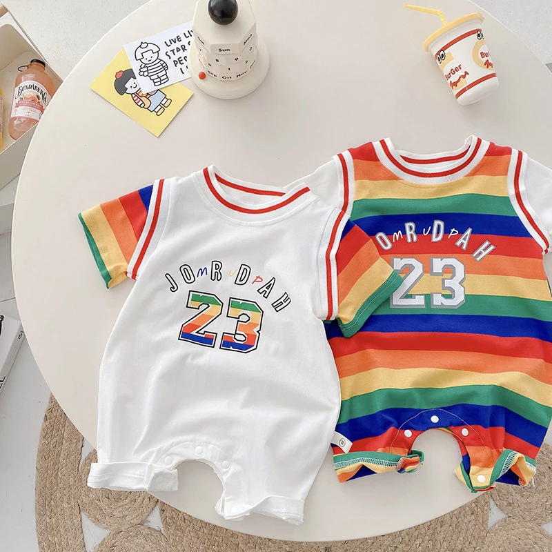 婴儿连体衣服夏装薄款女宝宝彩虹短袖夏季爬服潮萌男新生儿哈衣