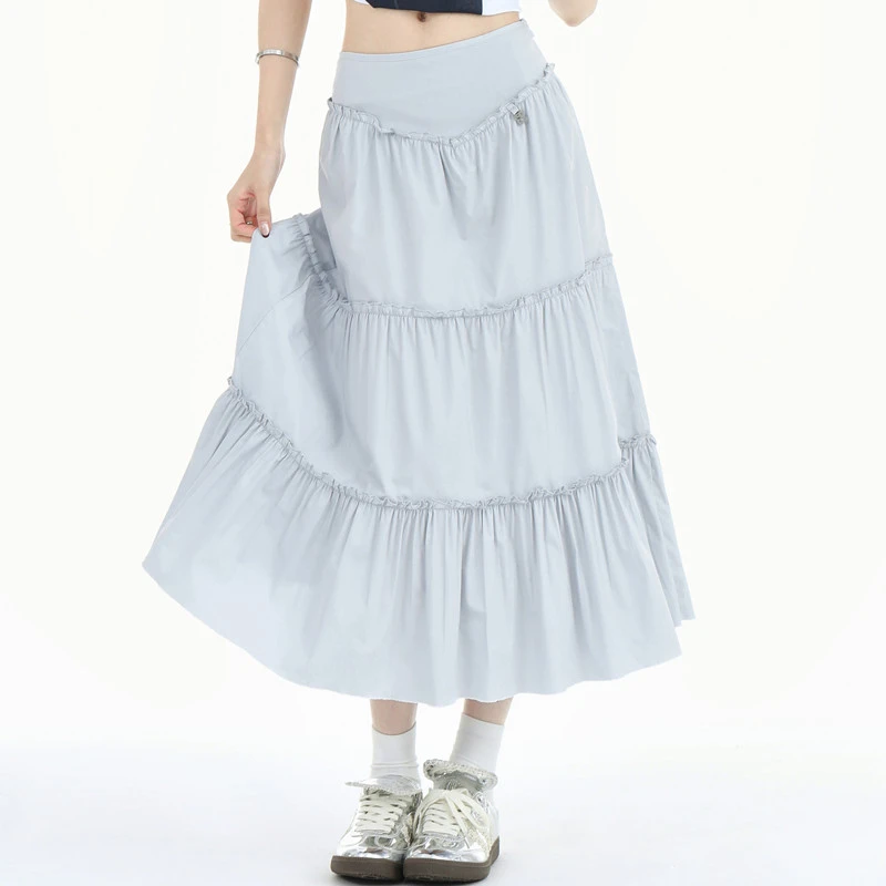 半身裙女春秋夏季jennie同款垂感纯棉小个子浅蓝色a字蛋糕长裙子