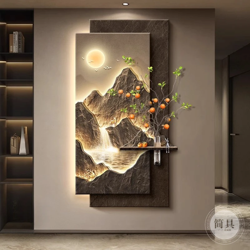 《背有靠山》玄关装饰画轻奢入户门水培绿植客厅走廊过道高级感挂画