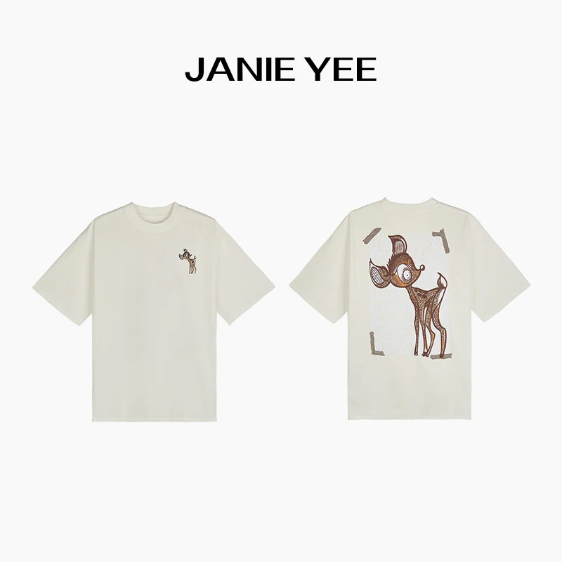 Janie Yee”小鹿Tee“ 高定100棉刺绣卡通纯色短袖大T恤 25A1562