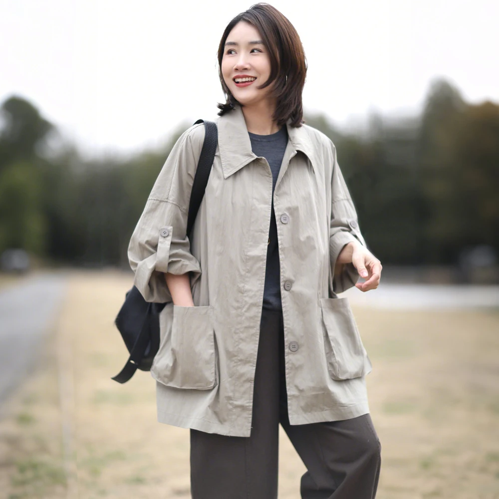 文艺休闲高级感宽松廓形中长款工装风衣外套女早秋新款纯棉上衣潮