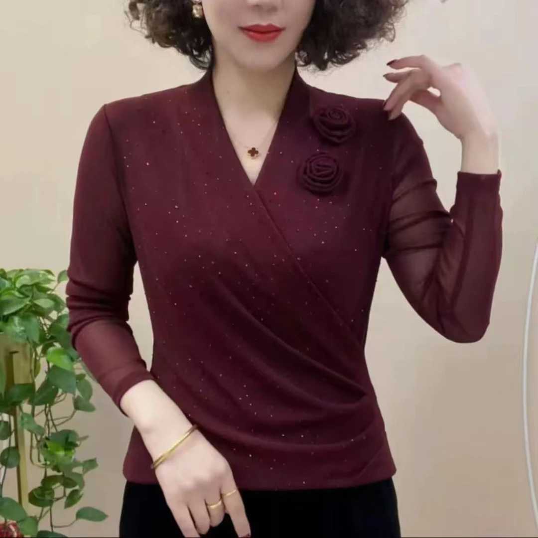 春季新款手工盘花女上衣气质烫钻小衫显瘦百搭长袖时尚40女士打底