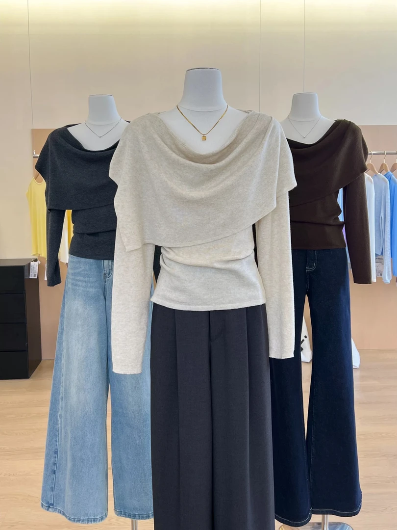 假两件披肩上衣女秋冬长袖T恤设计感小众百套头纯色时尚简约