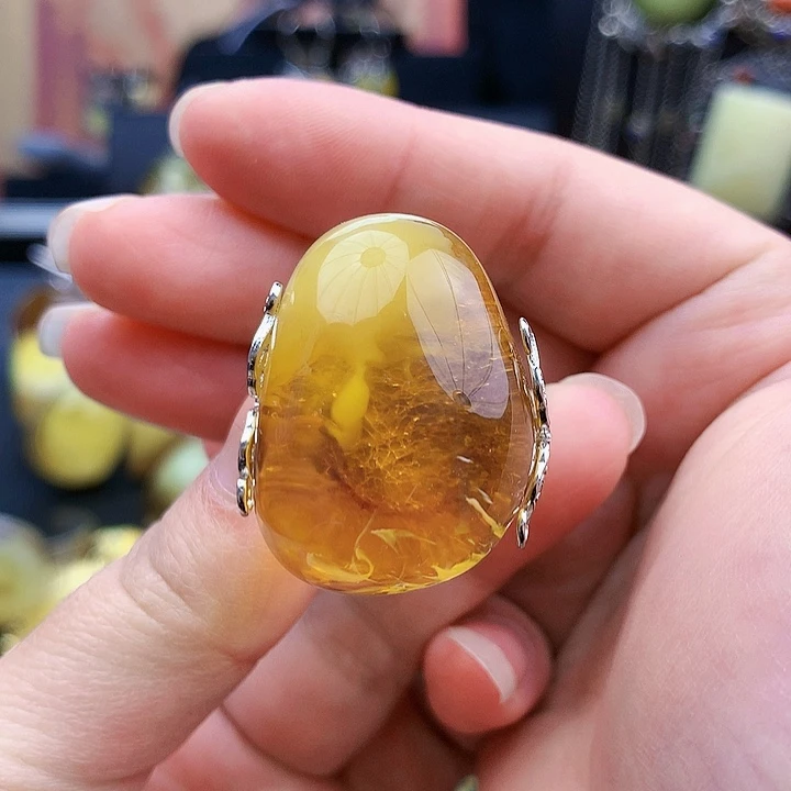 琥珀裸石银S925镶嵌戒指