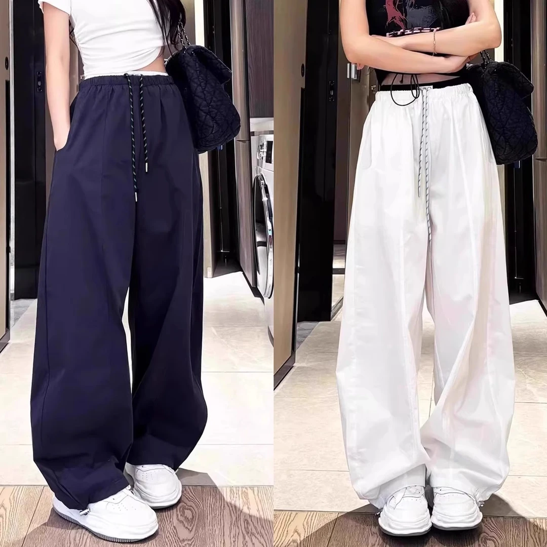 美式速干白色工装裤女夏季2025新款撞色高腰休闲宽松抽绳阔腿裤子