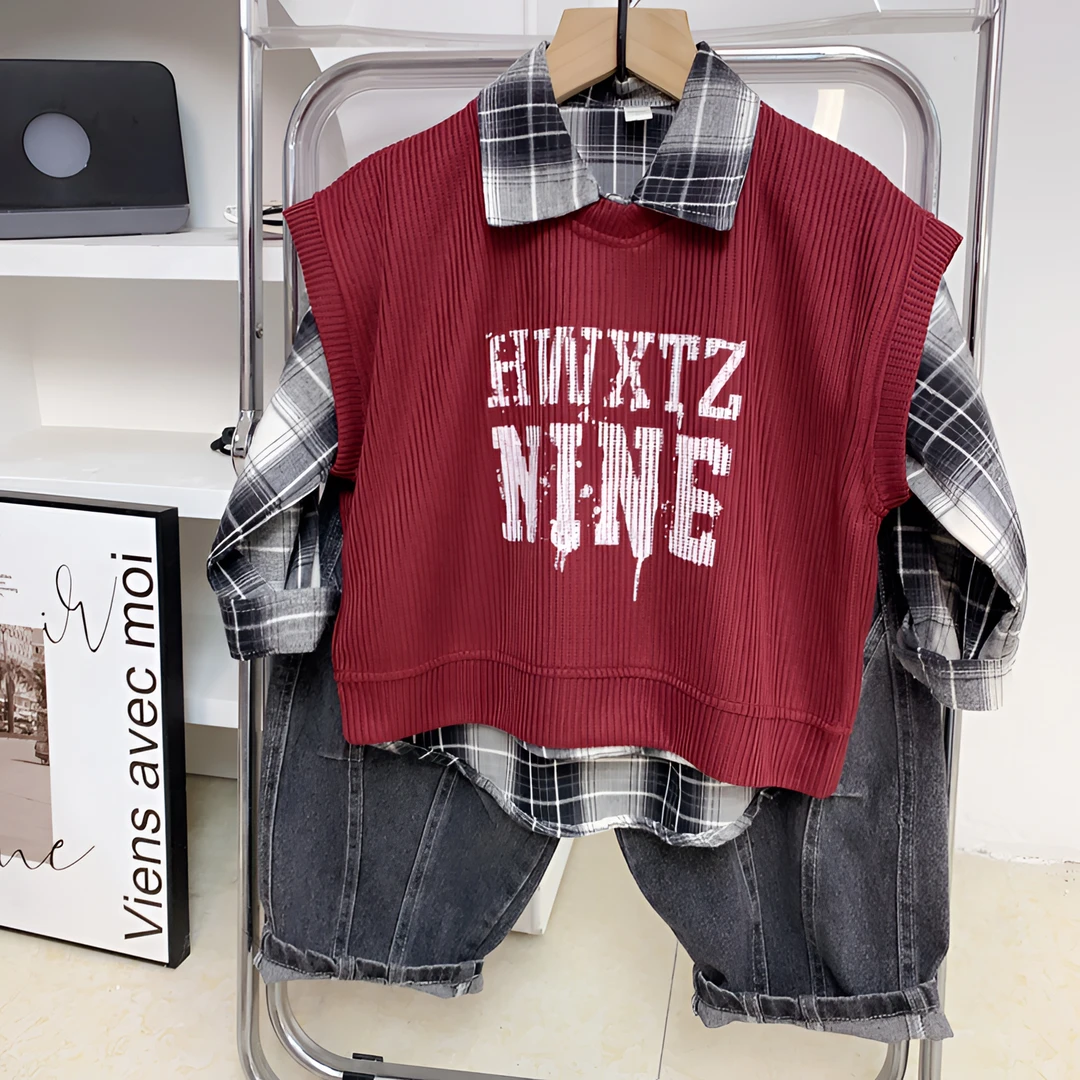 儿童韩版秋装三件套潮童时尚格子长袖衬衫马甲牛仔裤潮童休闲套装