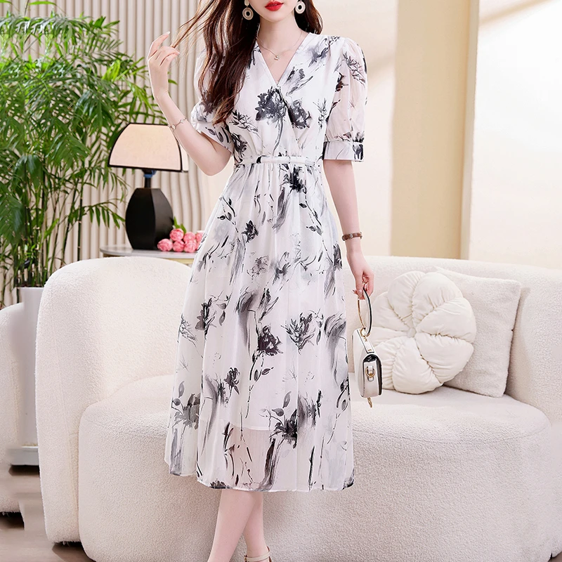法式连衣裙碎花冰丝短袖连衣裙长裙显瘦洋气印花宽松V领雪纺裙子