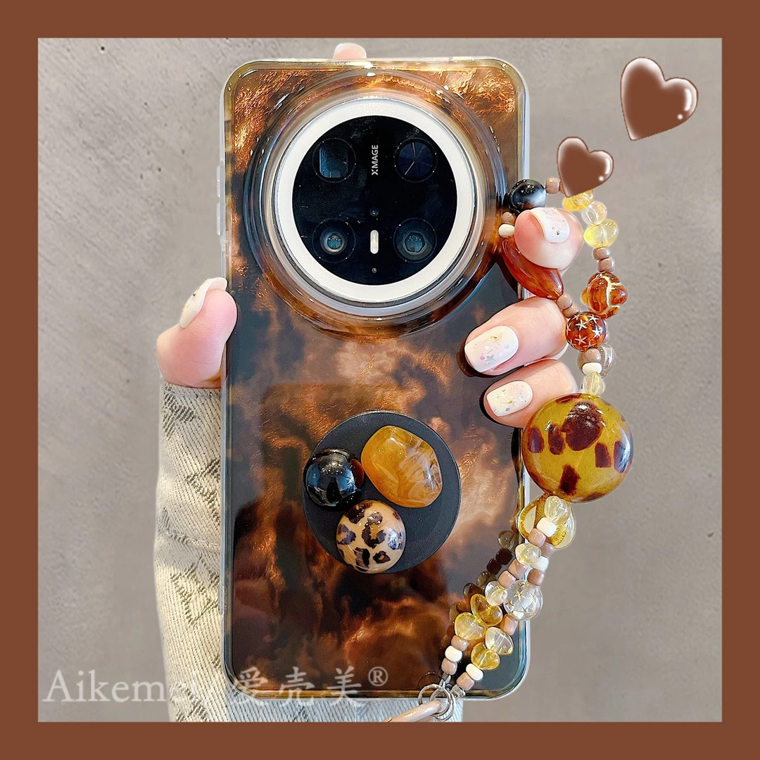 适用华为mate70pro+手机壳棕色渐变晕染Mate60pro+立体宝石支架女