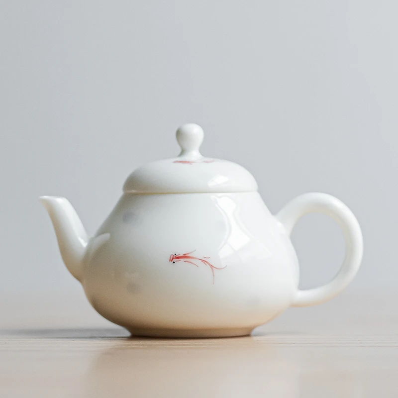 羊脂玉白瓷茶壶手绘小鱼思亭壶单泡茶壶带过滤中式简约泡茶器茶具