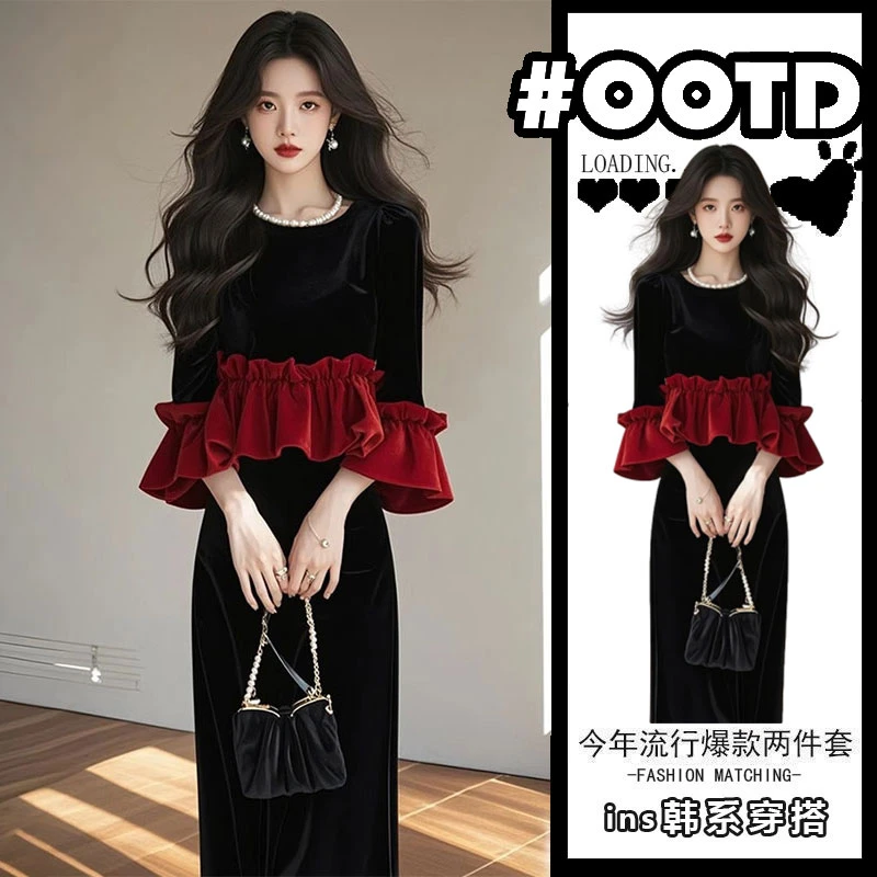 2025春季新款女装高级感贵气穿搭法式小香风富家千金黑色丝绒套装