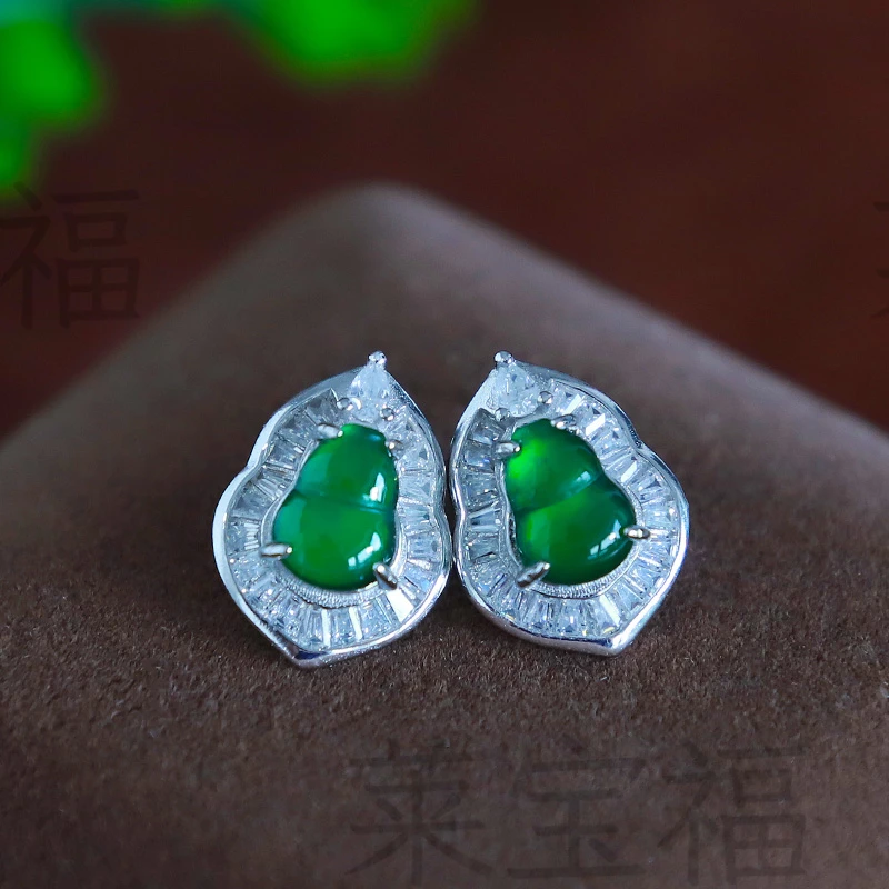 高级感帝王绿葫芦翡翠耳钉 寓意福禄双全 高冰种时尚精致玉石耳环