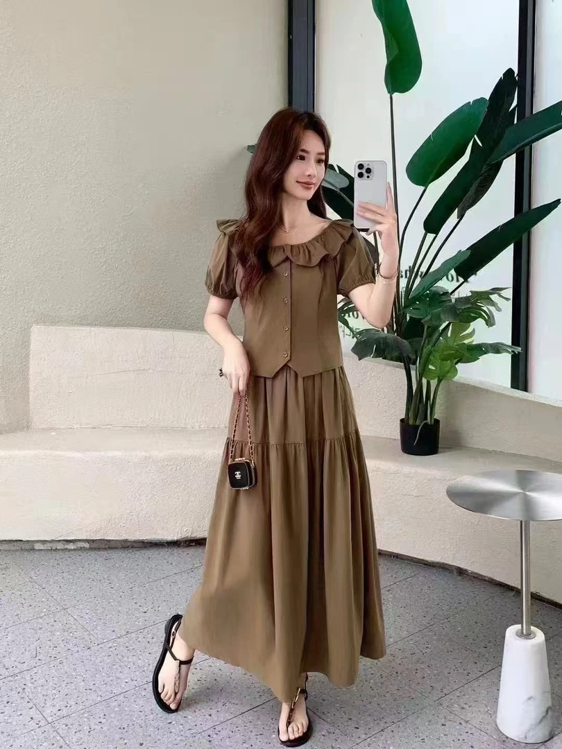 法式气质连衣裙套装女夏2025新款学院甜美小飞袖半身裙两件套