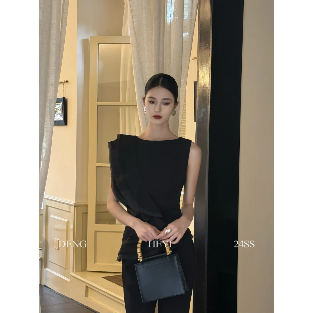 HEYI【曼舞之夜】高级小众套装女夏季独特设计上衣高腰显瘦直筒裤