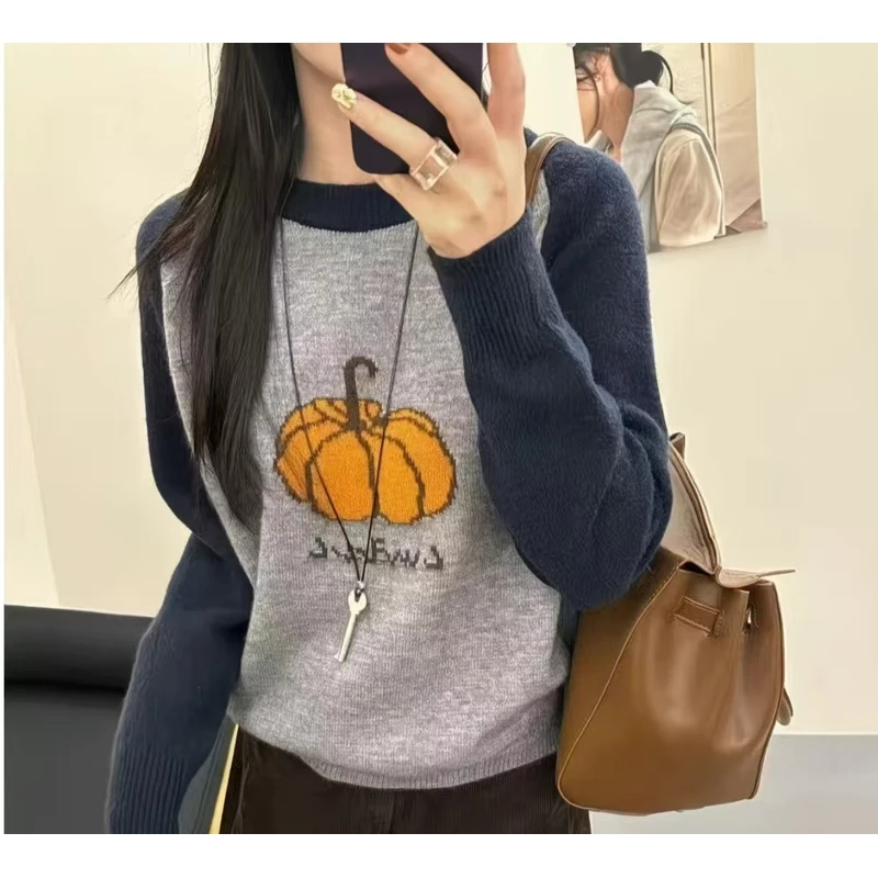 5212（减龄南瓜提花圆领）套头毛衣女秋冬显瘦宽松韩版百搭针织衫