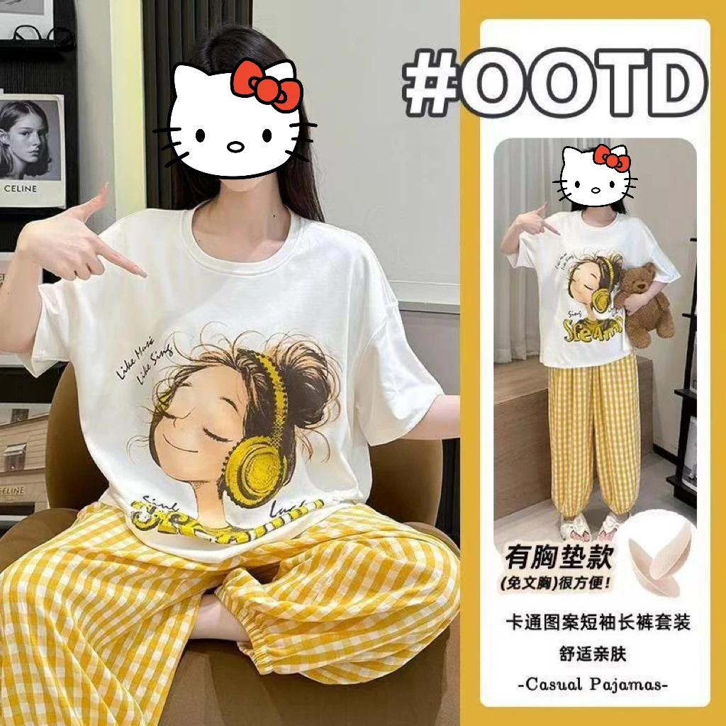 速拍zji亦嗲带胸垫云朵棉夏季睡衣女士短袖长裤带胸垫家居服套装