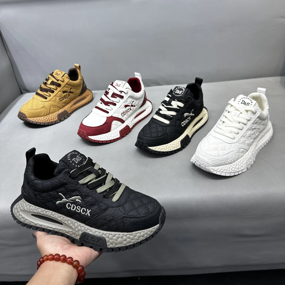 秋冬季新款男士低帮皮面拼接系带增高厚底防滑轻便百搭潮流运动男