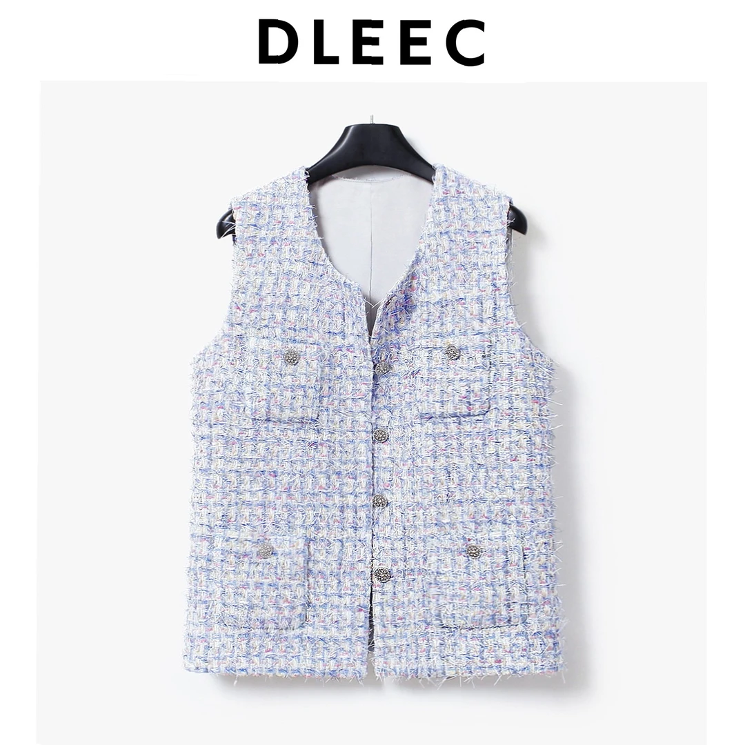 DLEEC 贵族气质黛蓝色小香风外套四口袋设计中长款马夹百搭款上衣