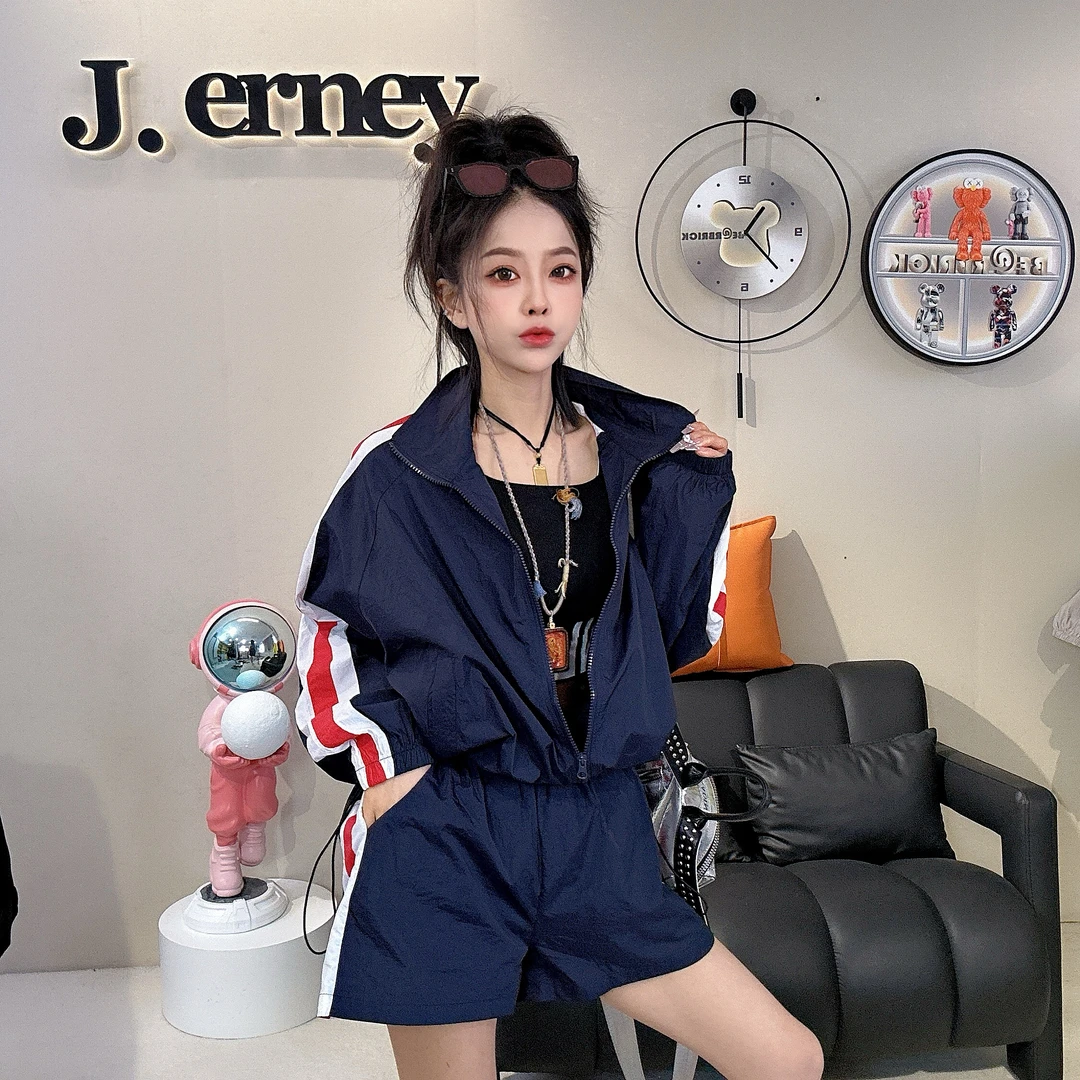 休闲套装女夏季新款欧式炸街撞色百搭防晒衣外套短裤运动服两件套