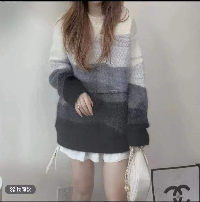 【100山羊绒】240810拉绒工艺款圆领羊绒衫水墨画渐变色软糯时尚款