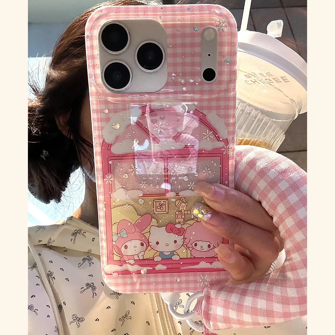 卡通可爱粉格纹窗台猫咪适用苹果17promax手机壳iphone16新款15女