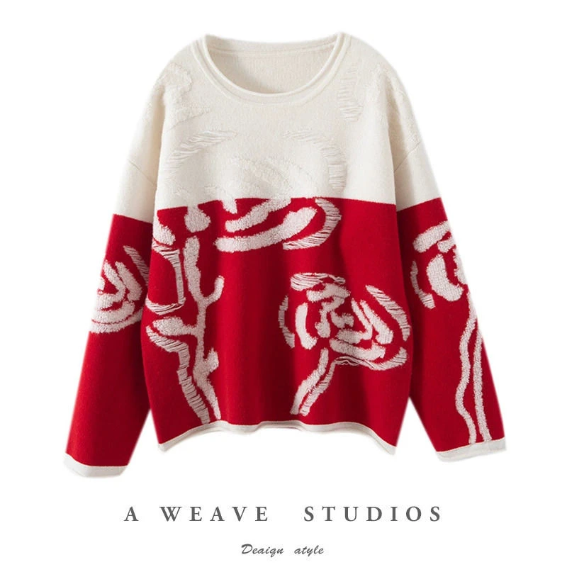 24冬季新款100纯羊毛女祥云新年红撞色加厚慵懒圆领穿搭长袖上衣