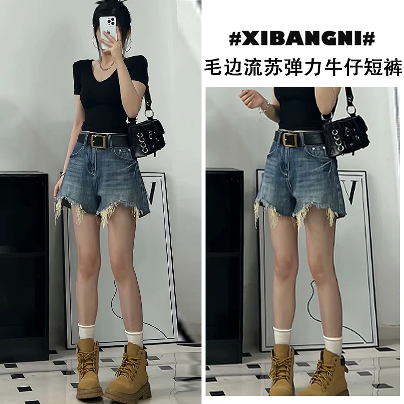 美式复古做旧毛边破洞牛仔短裤女夏季高腰a字辣妹显瘦超短热裤子