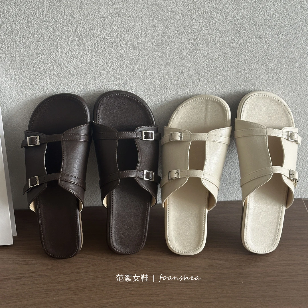 韩版设计皮带扣夏季平底一字拖休闲拖鞋女休闲沙滩鞋软底女鞋