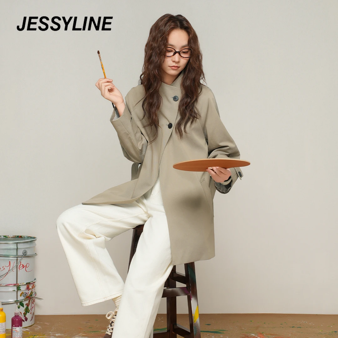抖音双11好物jessyline2025秋季新款杰茜莱卡其色中长款风衣外套