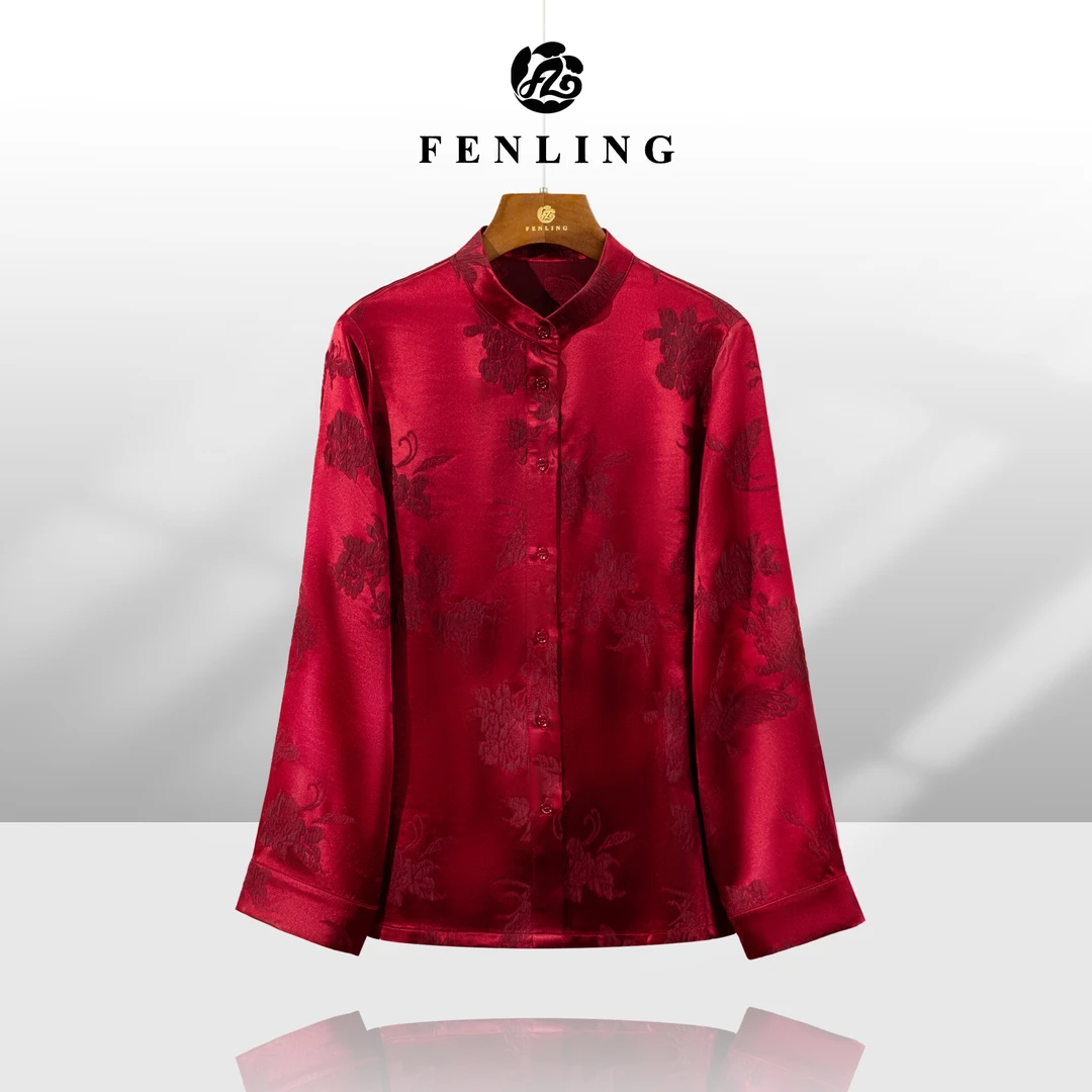 芬领-福蝶兴盛-2025春季新品高定真丝桑蚕丝冠乐缎长袖衬衫国风