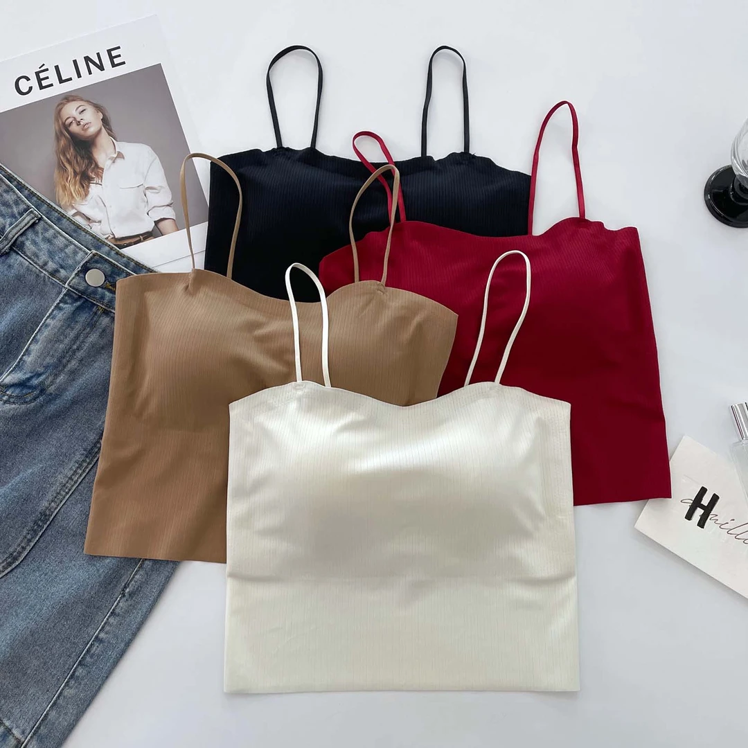 夏季新款冰丝美背吊带背心女外穿内搭固定一体式胸垫无痕打底上衣