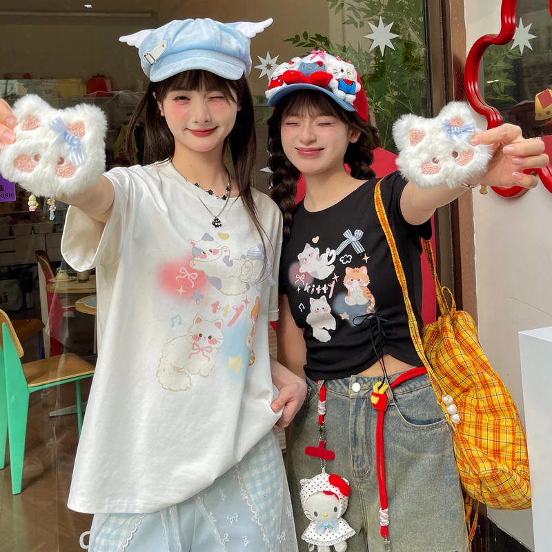 森女部落甜辣风小个子黑色短款原创印花T恤女收腰褶皱显瘦短袖夏