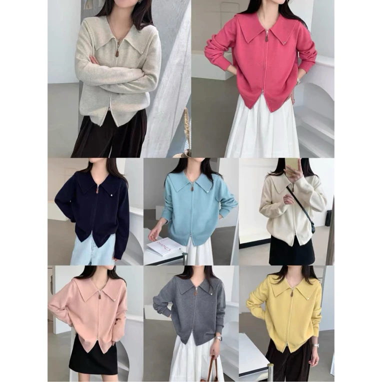 98376 慵懒风双拉链海军领针织开衫