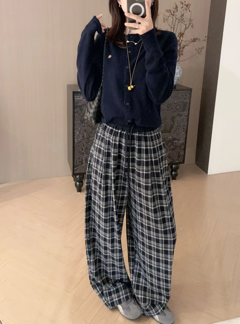 仓美美女装-抽绳松紧腰撞色格子裤休闲裤（卡码推荐拍小！）