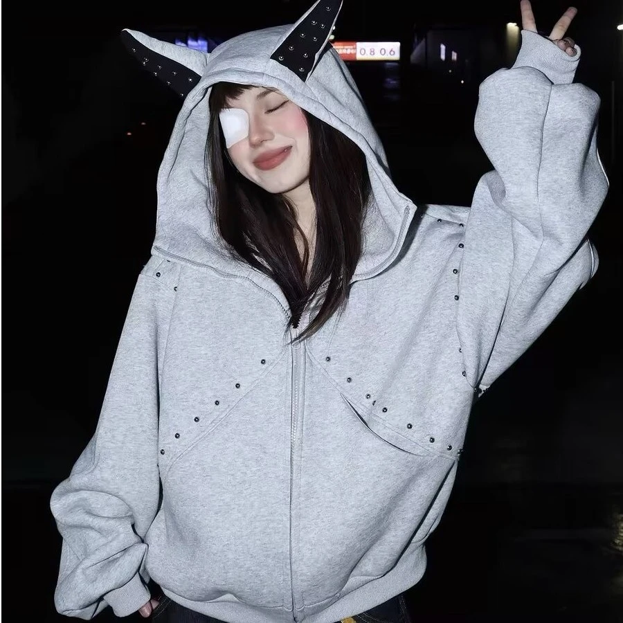 设计感小众铆钉拼接杜宾犬连帽卫衣男女春秋宽松休闲百搭外套上衣